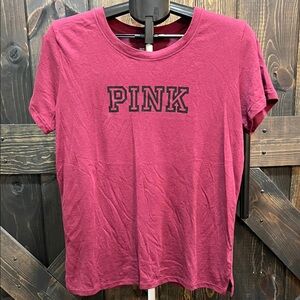 Victoria's Secret PINK Tee L Burgundy Wine Logo‎ Graphic Soft NWT Black Preppy